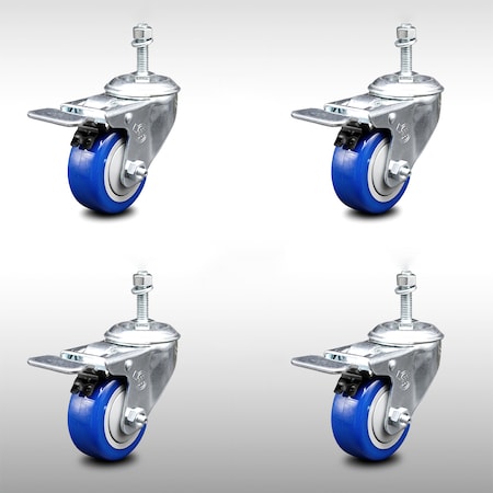 3.5 Inch SS Blue Poly Swivel 10mm Threaded Stem Caster Set Total Lock Brake